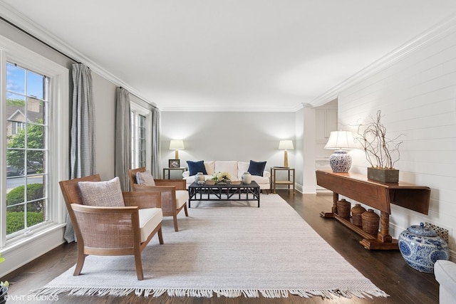 6 Tartan Ridge Rd, Burr Ridge, IL 60527 - living room with healthy amount of natural light, dark wood-type flooring, ornamental molding, and baseboards