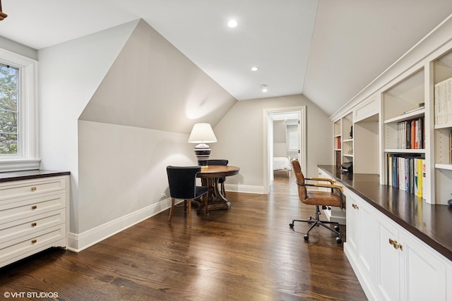 6 Tartan Ridge Rd, Burr Ridge, IL 60527 - office with dark wood-type flooring, lofted ceiling, baseboards, and recessed lighting