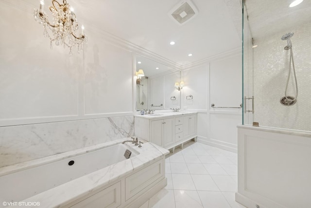 6 Tartan Ridge Rd, Burr Ridge, IL 60527 - bathroom featuring crown molding, double vanity, a shower with door, a bath, and a decorative wall