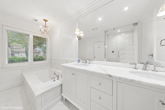 6 Tartan Ridge Rd, Burr Ridge, IL 60527 - bathroom with a garden tub, a stall shower, ornamental molding, double vanity, and a chandelier