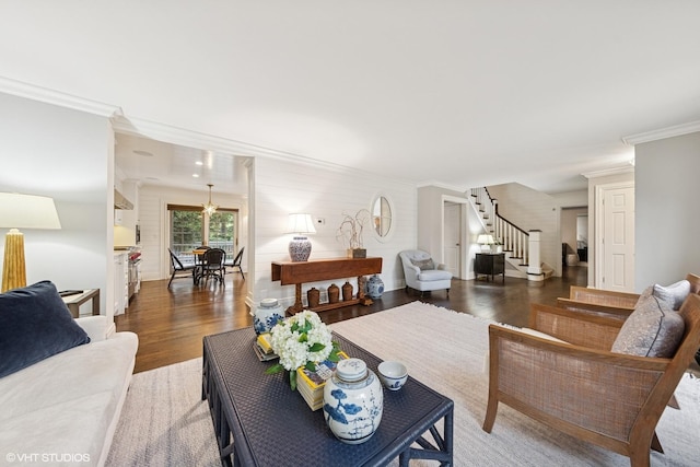6 Tartan Ridge Rd, Burr Ridge, IL 60527 - living room with crown molding, stairway, and wood finished floors