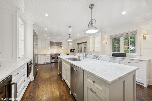 6 Tartan Ridge Rd, Burr Ridge, IL 60527 - kitchen with premium appliances, a sink, under cabinet range hood, wine cooler, and dark wood-style flooring