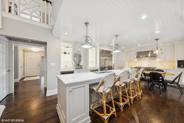 6 Tartan Ridge Rd, Burr Ridge, IL 60527 - kitchen with range hood, stainless steel built in refrigerator, a large island, recessed lighting, and dark wood-style flooring
