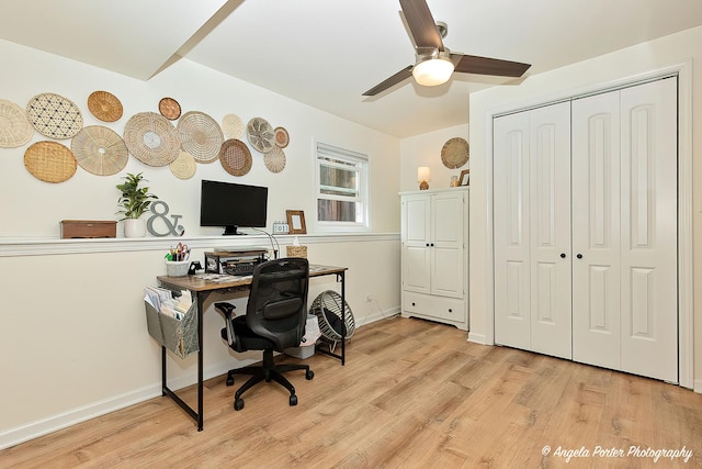 155 Shadowbrook Dr, Capron, IL 61012 - office area featuring wood finished floors, a ceiling fan, and baseboards
