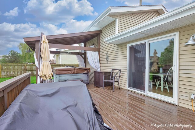 155 Shadowbrook Dr, Capron, IL 61012 - wooden deck with a hot tub