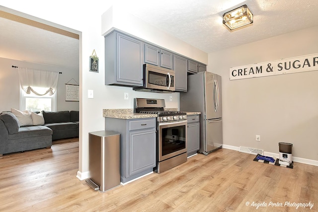 155 Shadowbrook Dr, Capron, IL 61012 - kitchen featuring appliances with stainless steel finishes, gray cabinets, light wood-style flooring, light countertops, and a textured ceiling
