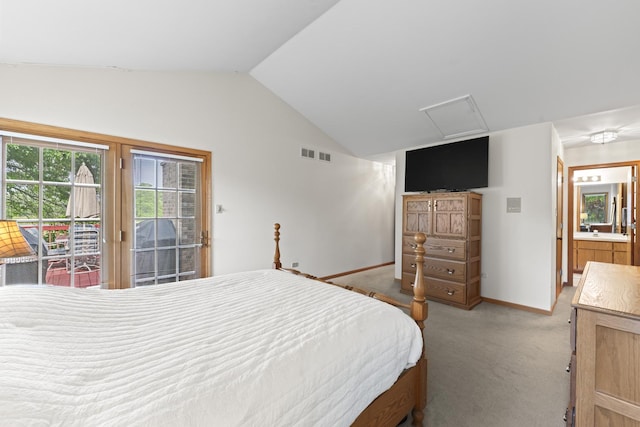 11234 Lakefield Dr, Orland Park, IL 60467 - bedroom with access to exterior, light carpet, lofted ceiling, baseboards, and attic access