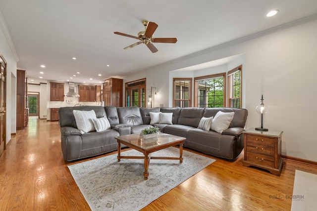 1602 Wickham Ct, Libertyville, IL 60048 - living room with crown molding, a ceiling fan, recessed lighting, and light wood-style flooring