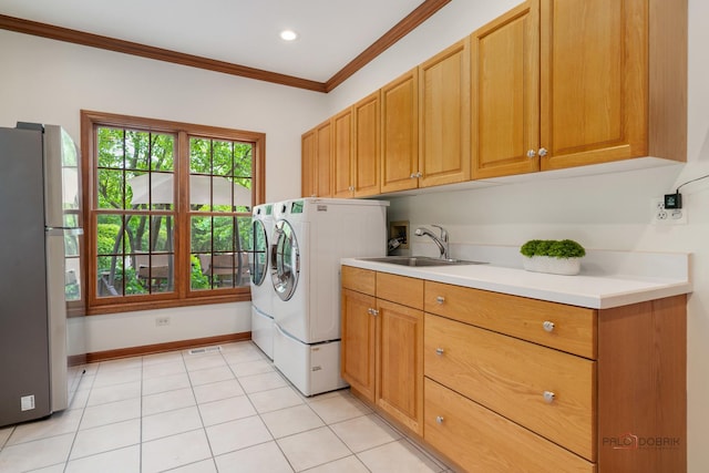 1602 Wickham Ct, Libertyville, IL 60048 - laundry area featuring washing machine and clothes dryer, cabinet space, ornamental molding, and recessed lighting