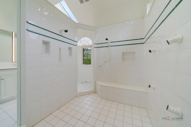 1602 Wickham Ct, Libertyville, IL 60048 - full bathroom featuring a walk in shower, tile patterned floors, tile walls, and vanity