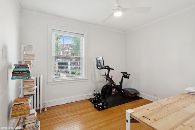 5842 N Wayne Ave Unit 1, Chicago, IL 60660 - workout room with ornamental molding, ceiling fan, wood finished floors, and baseboards