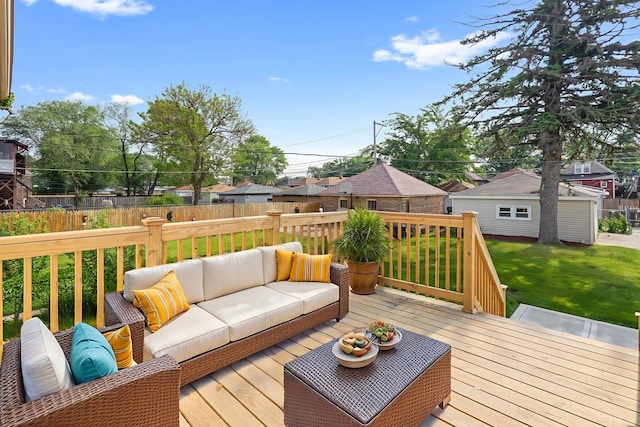 7827 S Calumet Ave, Chicago, IL 60619 - wooden deck with outdoor lounge area, an outbuilding, and a residential view