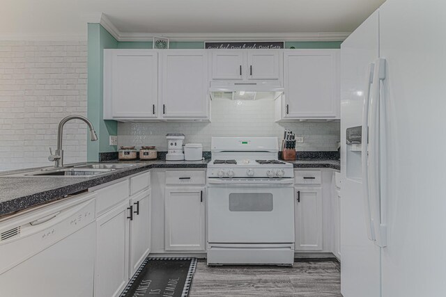 2367 Camden Bay, Elgin, IL 60123 - kitchen with white appliances, under cabinet range hood, a sink, white cabinetry, and crown molding