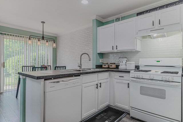 2367 Camden Bay, Elgin, IL 60123 - kitchen featuring white appliances, under cabinet range hood, a peninsula, a sink, and decorative backsplash