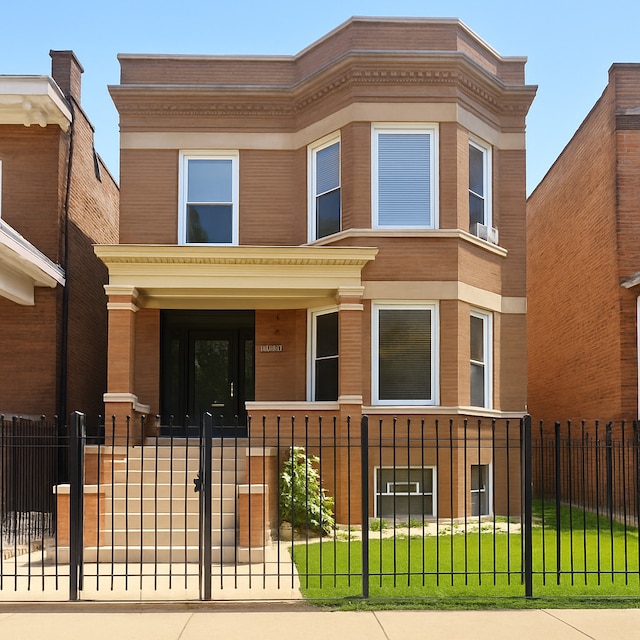 7127 S Eberhart Ave, Chicago, IL 60619 - view of front facade with covered porch, a fenced front yard, and brick siding