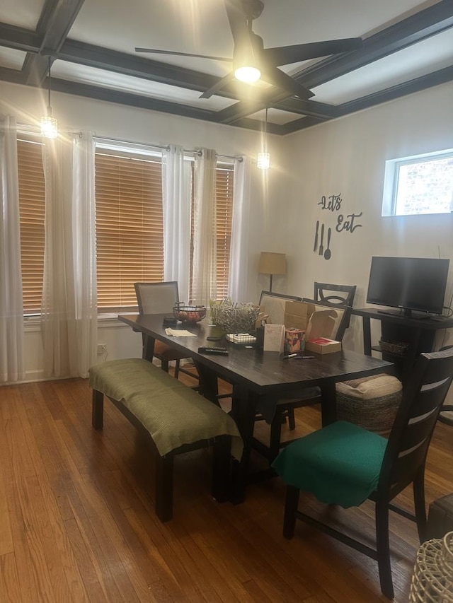 7127 S Eberhart Ave, Chicago, IL 60619 - dining room featuring coffered ceiling, hardwood / wood-style flooring, beam ceiling, and ceiling fan