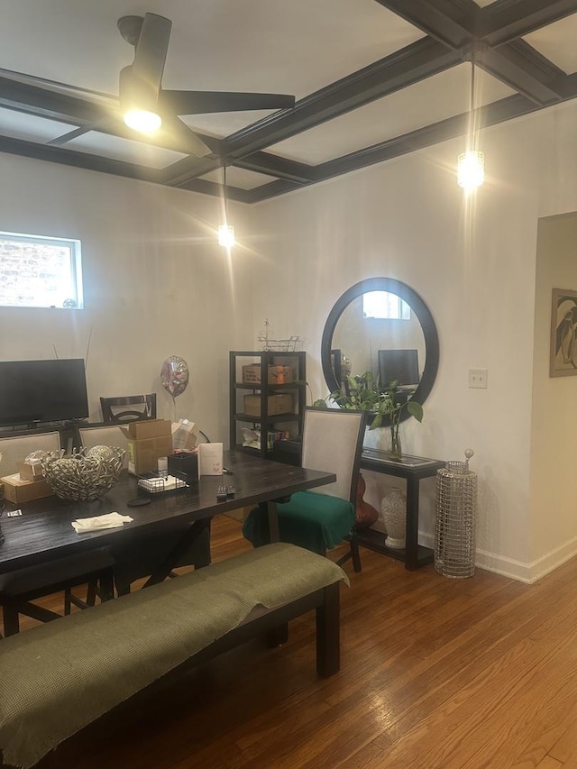 7127 S Eberhart Ave, Chicago, IL 60619 - dining area with coffered ceiling, plenty of natural light, wood finished floors, beamed ceiling, and baseboards
