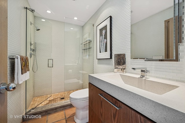 1242 Antietam Dr, Long Grove, IL 60047 - bathroom with vanity, a stall shower, tile patterned floors, backsplash, and recessed lighting