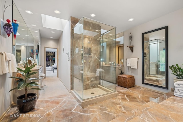 1242 Antietam Dr, Long Grove, IL 60047 - full bathroom with a shower stall, recessed lighting, a skylight, and marble tiled floors