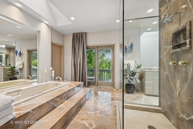 1242 Antietam Dr, Long Grove, IL 60047 - bathroom featuring a marble finish shower, a garden tub, plenty of natural light, recessed lighting, and vanity