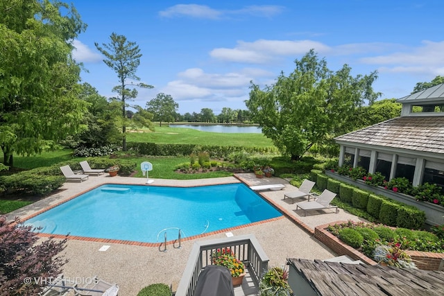 1242 Antietam Dr, Long Grove, IL 60047 - swimming pool featuring a patio, a water view, and a diving board