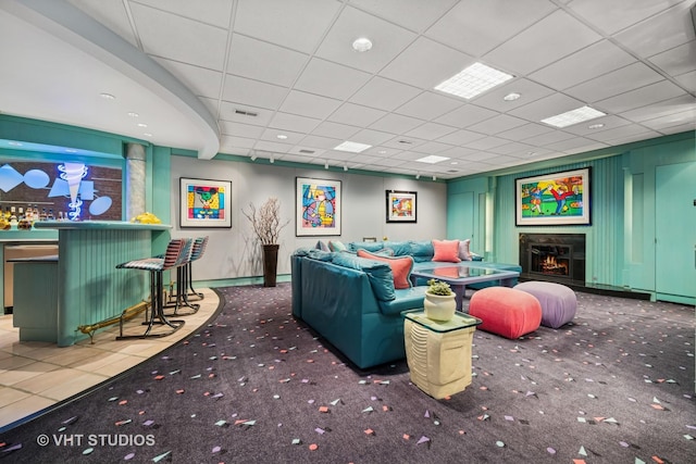 1242 Antietam Dr, Long Grove, IL 60047 - cinema featuring carpet floors, a bar, a warm lit fireplace, and a paneled ceiling