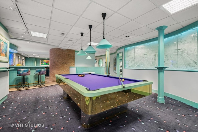1242 Antietam Dr, Long Grove, IL 60047 - recreation room with carpet flooring, pool table, a dry bar, and a paneled ceiling