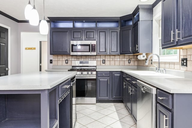 102 Merganser Ct, Downs, IL 61736 - kitchen featuring appliances with stainless steel finishes, a sink, light tile patterned floors, light countertops, and crown molding