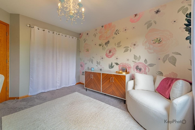 155 Willow Blvd, Willow Springs, IL 60480 - bedroom with light carpet, a chandelier, wallpapered walls, and baseboards