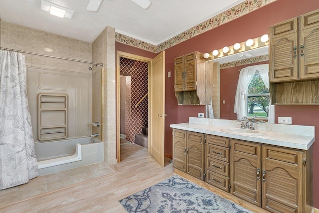 302 Wabash Ave, Campus, IL 60920 - full bath with shower / tub combo with curtain, vanity, and wood finished floors