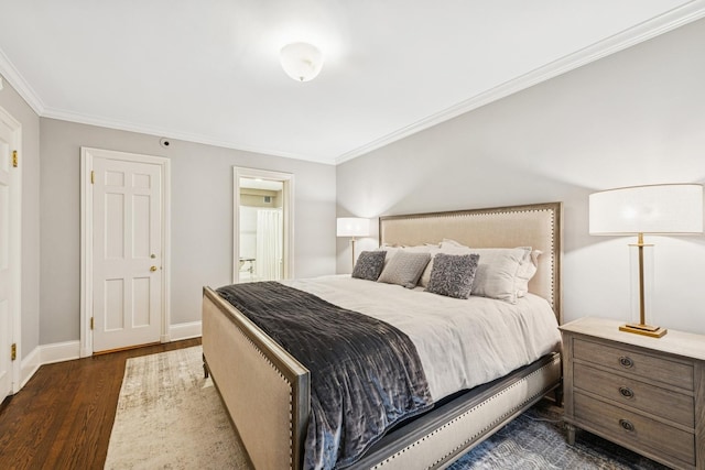 210 E Pearson St Unit 11A, Chicago, IL 60611 - bedroom with dark wood-style floors, ornamental molding, baseboards, and ensuite bathroom