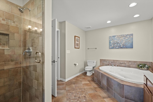 1809 Pembrook Ct, Plainfield, IL 60586 - bathroom featuring a stall shower, toilet, a bath, baseboards, and recessed lighting