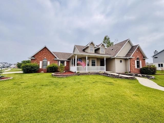 1102 Brian Dr, Manteno, IL 60950 - view of front of home featuring covered porch, brick siding, a front yard, and a shingled roof