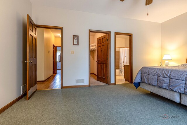 3206 Turnberry Dr, Mchenry, IL 60050 - carpeted bedroom with baseboards, ensuite bath, a spacious closet, and ceiling fan