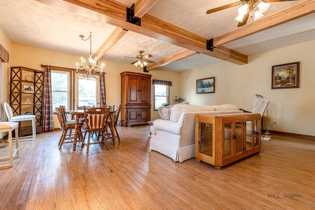 3206 Turnberry Dr, Mchenry, IL 60050 - dining space featuring a ceiling fan, light wood-type flooring, baseboards, and beamed ceiling