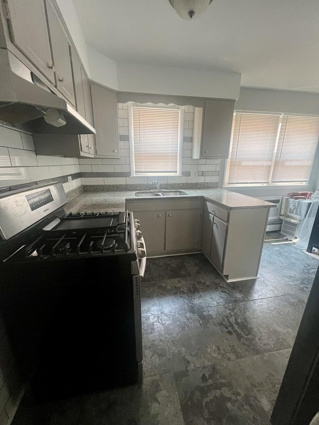 1100 Hannah Ave Unit 104, Forest Park, IL 60130 - kitchen featuring stainless steel range with gas stovetop, a sink, plenty of natural light, and a peninsula
