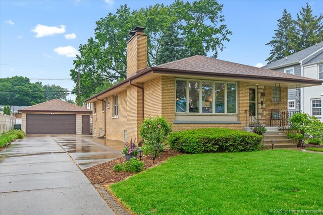 9544 S Avers Ave, Evergreen Park, IL 60805 - single story home featuring brick siding, an outdoor structure, a front lawn, a detached garage, and a chimney