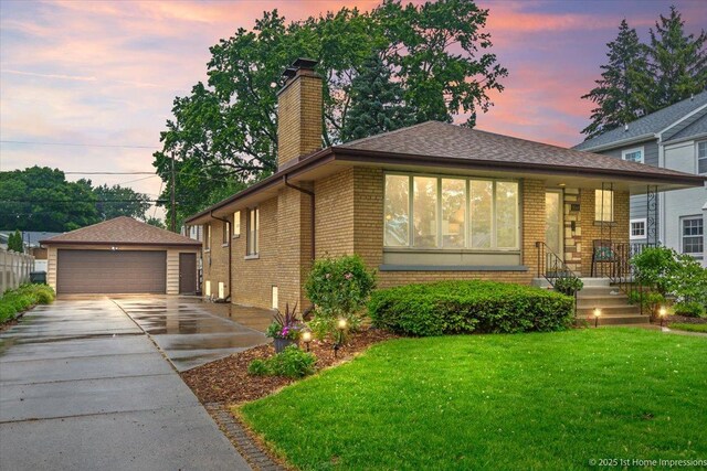 9544 S Avers Ave, Evergreen Park, IL 60805 - view of front of property with brick siding, an outdoor structure, a chimney, and a detached garage