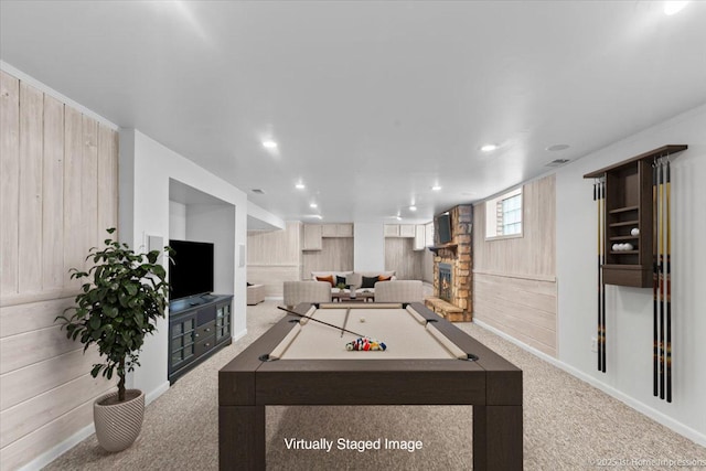 9544 S Avers Ave, Evergreen Park, IL 60805 - recreation room featuring carpet, wood walls, pool table, recessed lighting, and baseboards