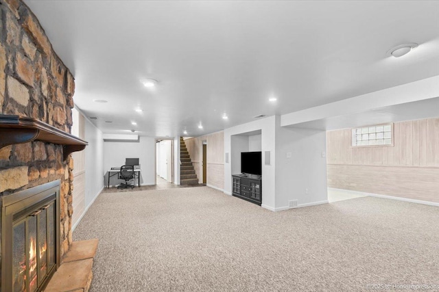 9544 S Avers Ave, Evergreen Park, IL 60805 - unfurnished living room featuring a stone fireplace, stairs, recessed lighting, carpet, and baseboards