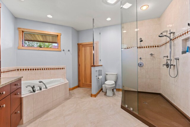 515 Stone Ridge Ln, Cherry Valley, IL 61016 - bathroom with tiled shower, a bath, vanity, and recessed lighting