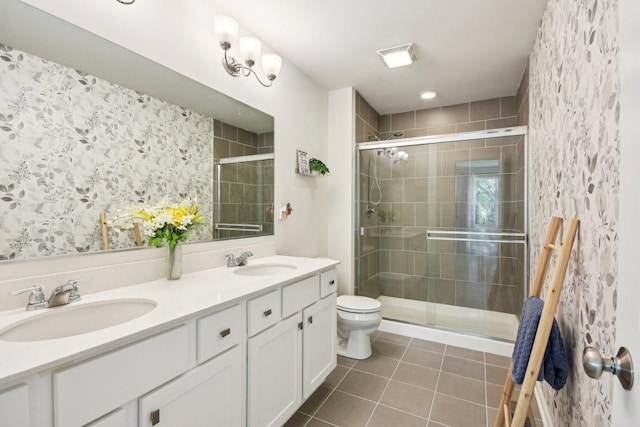 29W690 Cambridge Ct, Warrenville, IL 60555 - full bath featuring toilet, tile patterned floors, double vanity, and a stall shower