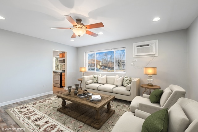 17220 71st Ave Unit 2, Tinley Park, IL 60477 - living room with a ceiling fan, recessed lighting, light wood finished floors, baseboards, and a wall mounted AC
