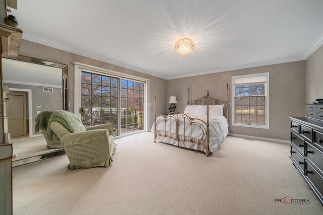 36955 N Fox Hill Dr, Wadsworth, IL 60083 - bedroom featuring light carpet, ornamental molding, multiple windows, and access to outside