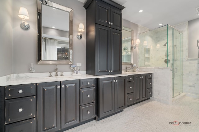 36955 N Fox Hill Dr, Wadsworth, IL 60083 - full bath with double vanity, a shower stall, and recessed lighting
