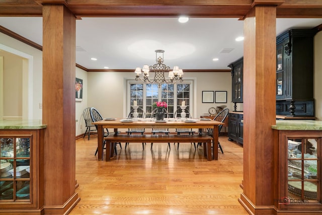 36955 N Fox Hill Dr, Wadsworth, IL 60083 - dining room featuring ornate columns, light wood-style floors, crown molding, a chandelier, and recessed lighting