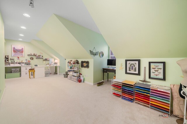 36955 N Fox Hill Dr, Wadsworth, IL 60083 - recreation room with carpet flooring, lofted ceiling, and recessed lighting