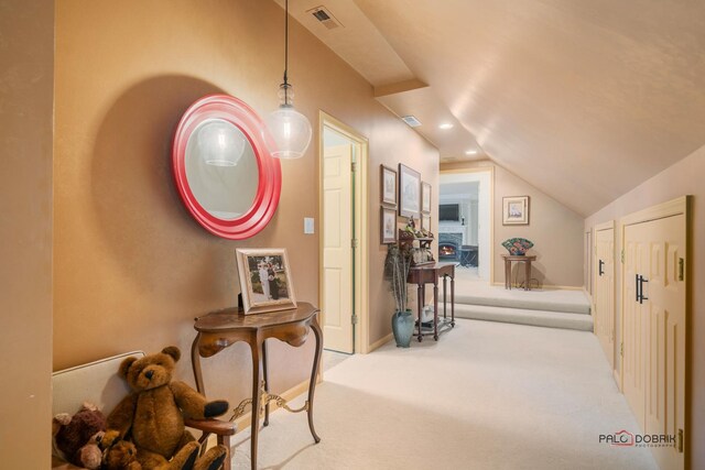 36955 N Fox Hill Dr, Wadsworth, IL 60083 - hallway featuring carpet, lofted ceiling, and recessed lighting