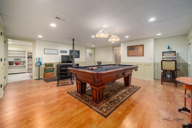 36955 N Fox Hill Dr, Wadsworth, IL 60083 - rec room featuring pool table, light wood finished floors, a wainscoted wall, a paneled ceiling, and a decorative wall