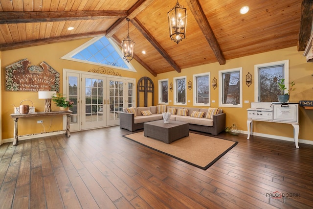 36955 N Fox Hill Dr, Wadsworth, IL 60083 - living room with a chandelier, wooden ceiling, french doors, wood-type flooring, and recessed lighting
